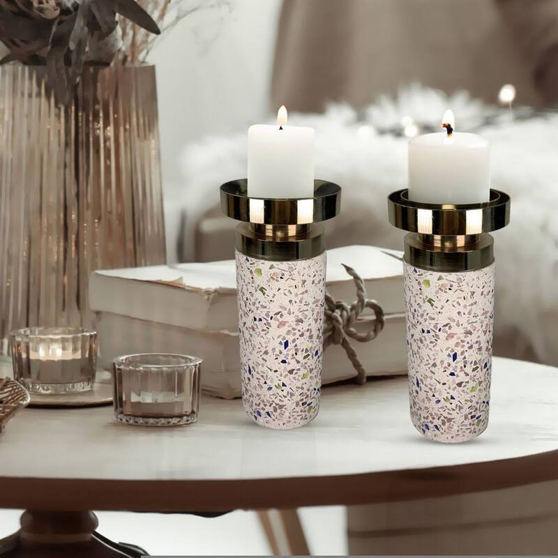 Set of Two Modern Cement Candlesticks Pink with Gold Accent