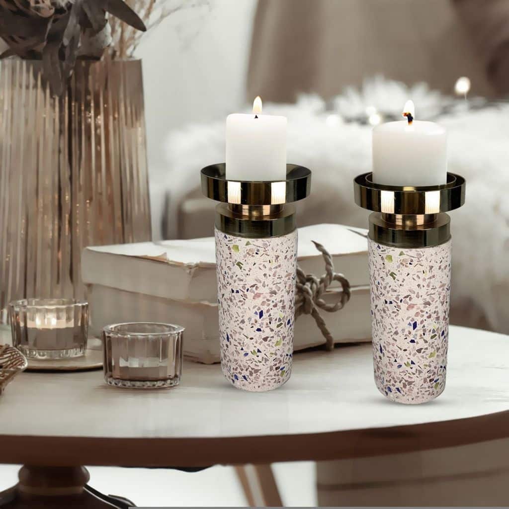 Set of Two Modern Cement Candlesticks Pink with Gold Accent