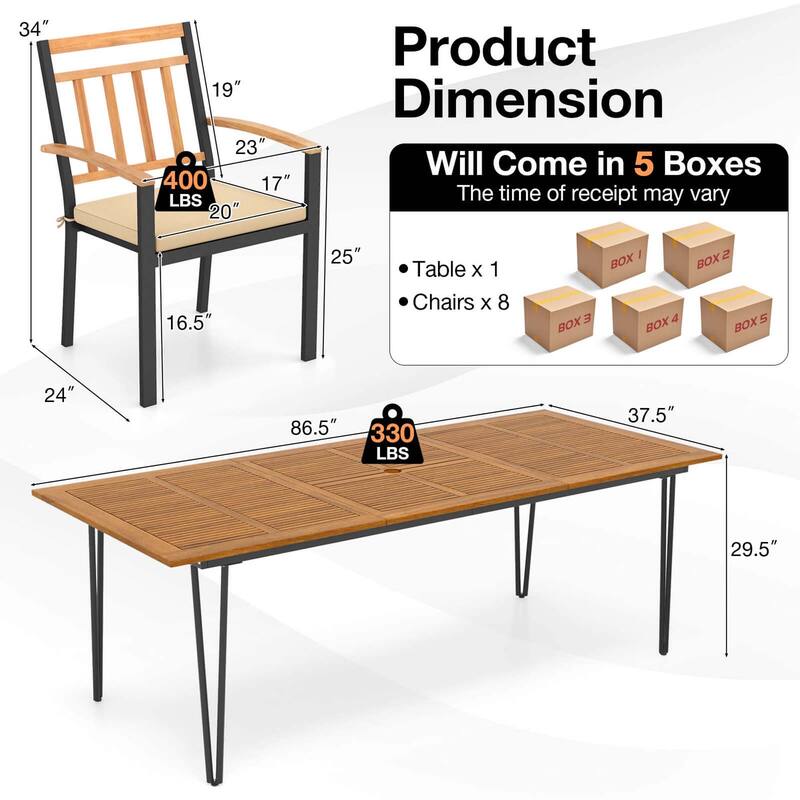 Costway 9 PCS Patio Dining Set with 8 Chairs Acacia Wood Table Top - See Details