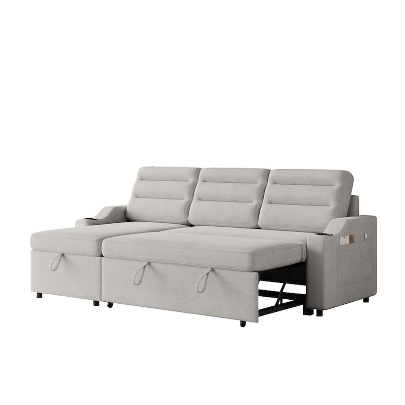 83.5" Fabric Convertible 3-Seater Sleeper Sofa with Pull-Out Bed, Recliner, Storage Pocket, and Cup Holder