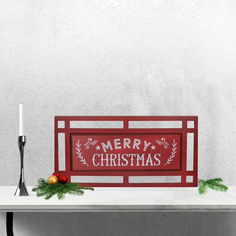 24" red and white merry christmas rectangular carved wooden wall sign