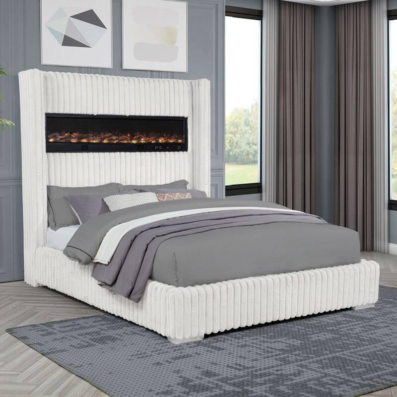 Best Master Furniture Noemie Luxe Modern Upholstered Velvet Panel Bed with Integrated Fireplace Display