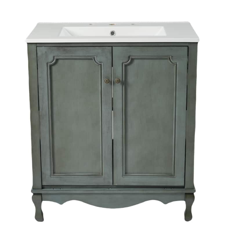 30" Bathroom Vanity with Rectangle Ceramic Sink, Antique Handles and 2 Doors, Solid Wood Legs and Adjustable shelves
