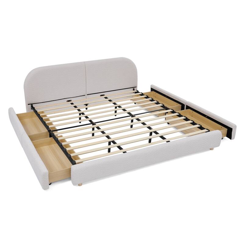 Fabric Upholstered Platform Bed Frame with Curved Headboard/4 Built-in Wheeled Storage Drawers/Sturdy Legs Support/Easy Assembly