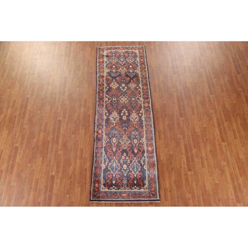 Hand Knotted Oriental 100% Wool Carpet Traditional Geometric Navy Blue & Blues Mahal Runner Rug - 10' 8'' X 3' 5''