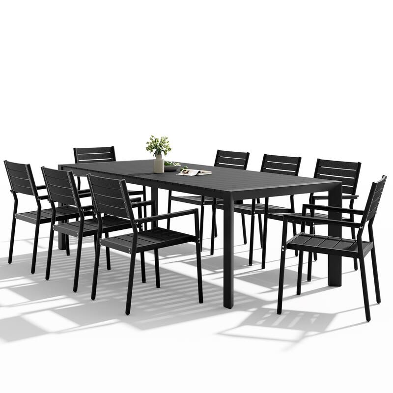 Set of 9 Outdoor Patio Dining Set WoodLike Table Top Aluminum Umbrella Hole Table with Stackable Dining Chairs