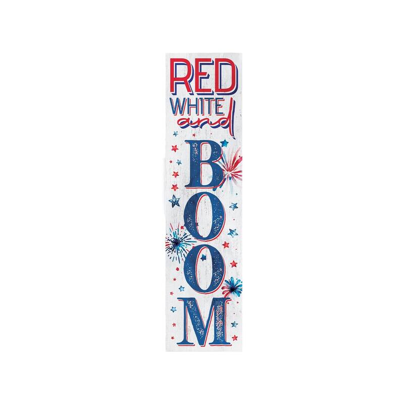 HomeRoots 36" Blue Red And White Solid Wood Red White Boom July Fourth Fireworks Porch Sign