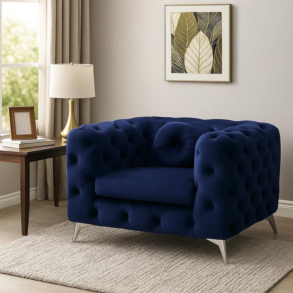 Chesterfield Design Fabric Chair with Track Arms and Angled Metal Legs,Blue