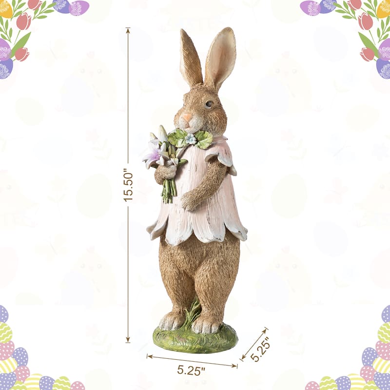 Glitzhome Easter Resin Bunny Boy Girl Table Decor with Flower Rabbit Figurine Ornaments