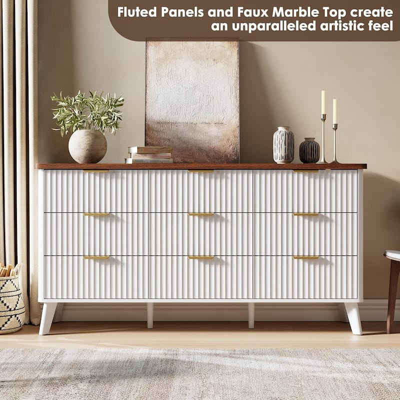 Modern Fluted 9 Drawers Dresser TV Stand for Living Room, Bedroom
