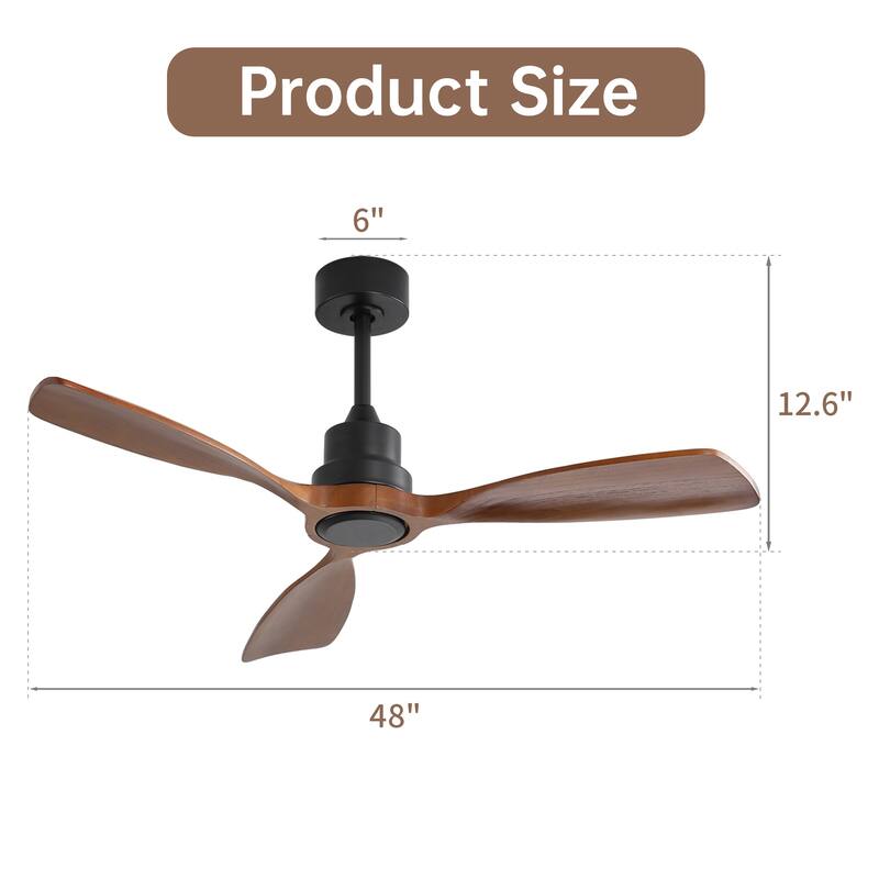 3 Solid Wood Blades Ceiling Fan Without Light, 48 Inch 6-speed Reversible DC Motor Ceiling Fan for Living Room