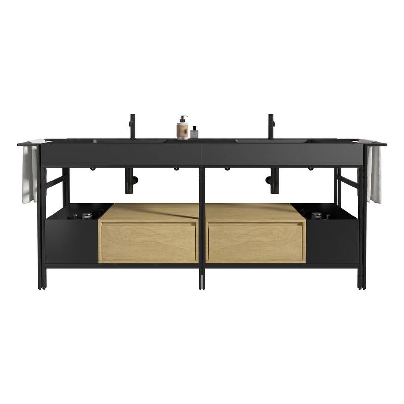 GDFStudio - Forte Industrial Metal Frame Bathroom Vanity with Artificial Stone Basin, Towel Rack & Open Storage