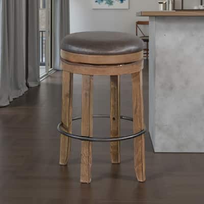 Yael Swivel Backless Barstool Set of 2, Gray Faux Leather, Brown Wood
