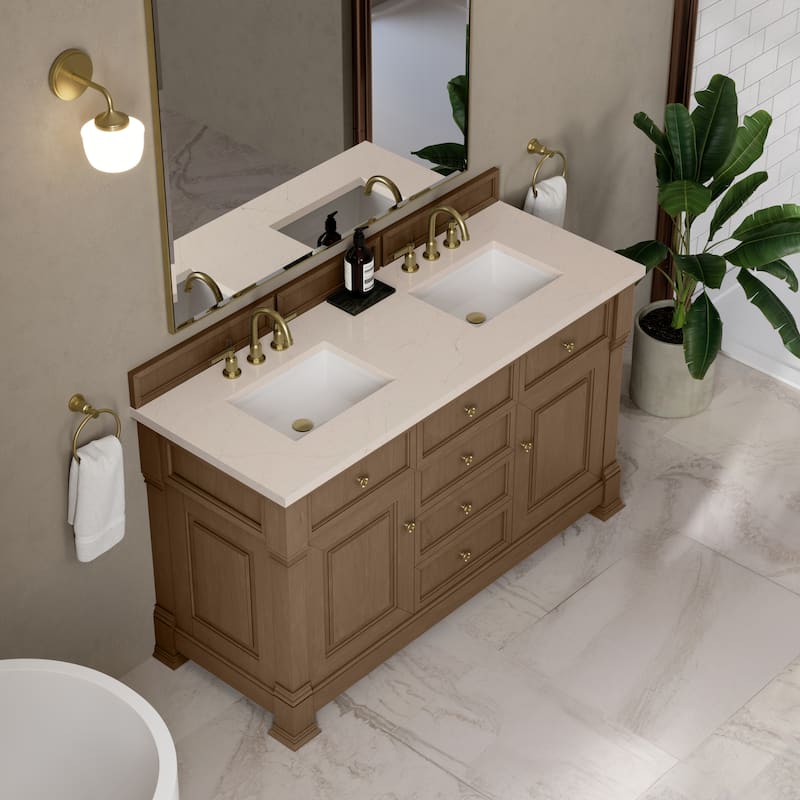 Brookfield 60D" Double Vanity, Pecan - Eternal Marfil