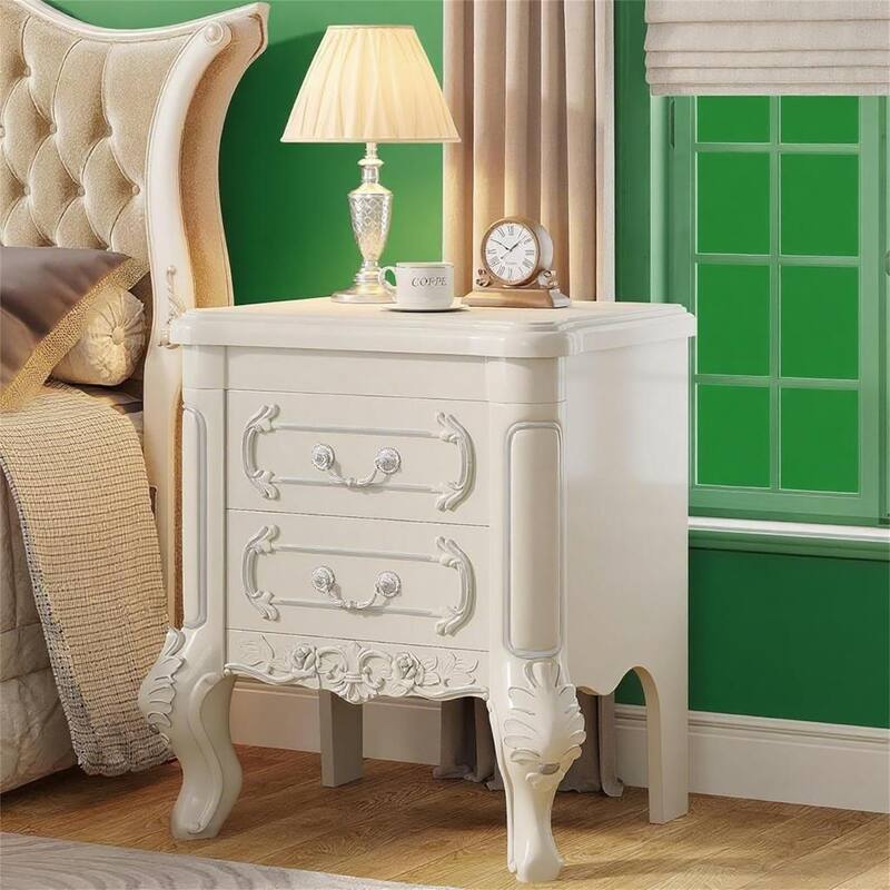 Classical White Nightstand with Carved Patterns & Silver Accents
