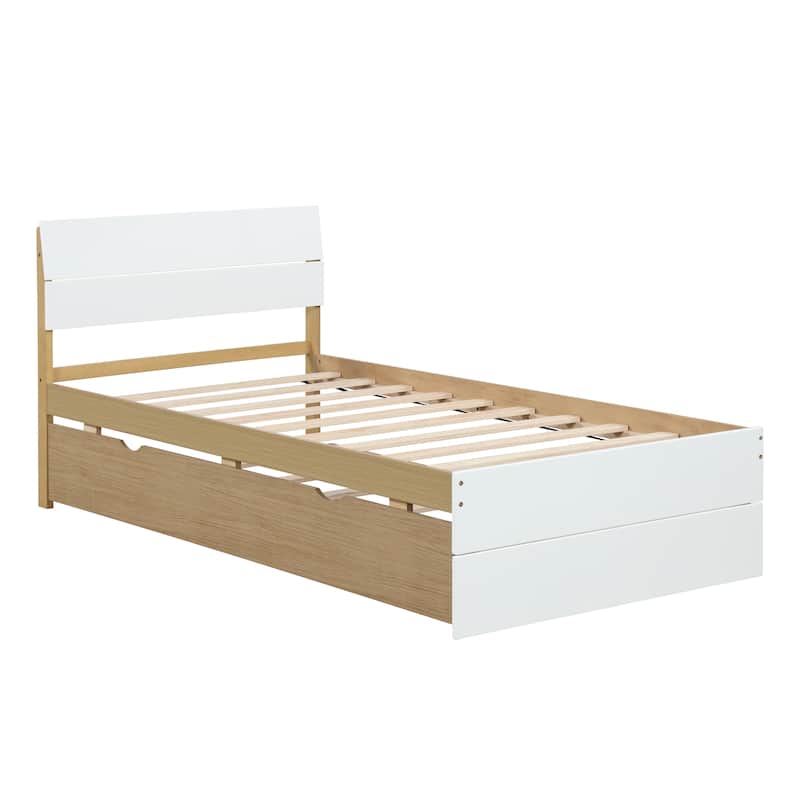 Modern Twin Size Platform Bed Frame with Twin Trundle, Headboard & Footboard, White