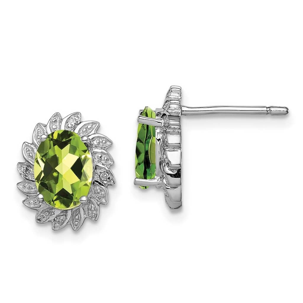 Curata 925 Sterling Silver Polished Rhodium Peridot and Diamond Post Earrings - 12x10mm Wide