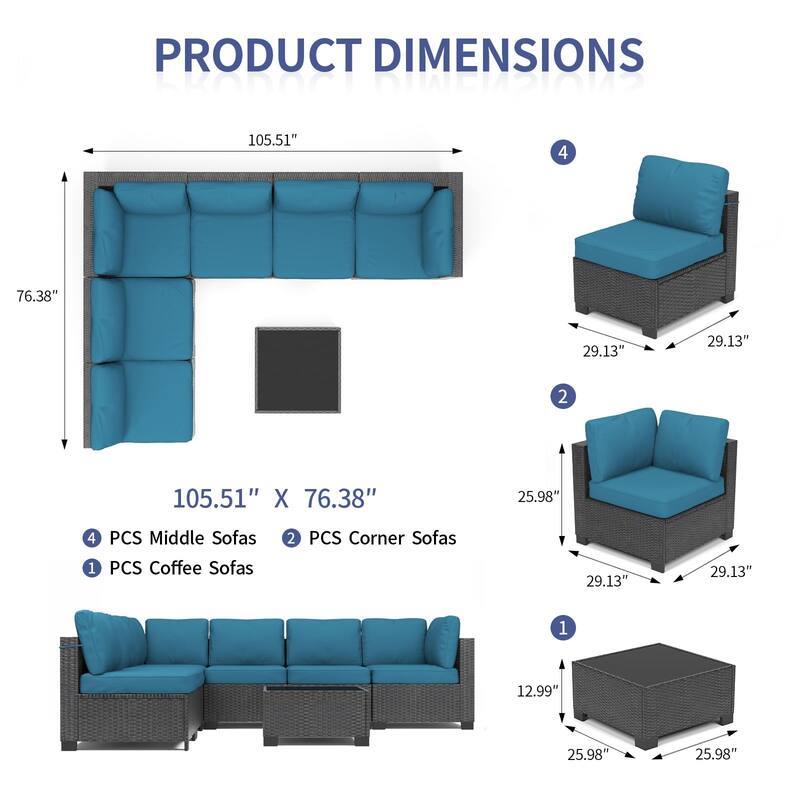 Patio Funiture Set 7 Pieces Outdoor Rattan with Detachable Soft Cushions Patio Conversation Sets