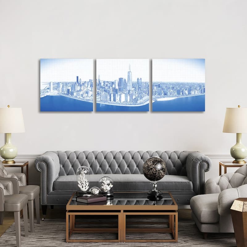 iCanvas "Digital Sketch Of Chicago Skyline, USA VIII" by Panoramic Images 3-Piece Canvas Wall Art Set - 30x90x1.5