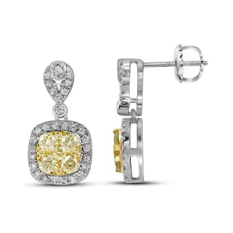 14k White Gold 1 1/5 Carat Round Yellow Diamond Square Dangle Earrings for Women