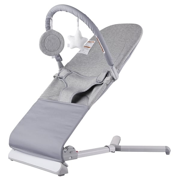 slide 2 of 10, Light Grey Adjustable Baby Bouncer Seat with Toy Bar and 2 Recline Angles Foldable Rocker with Harness