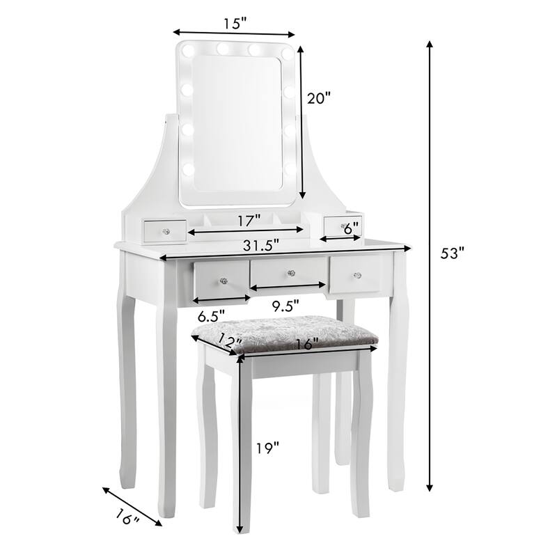 Costway Vanity Dressing Table Set w/ 10 Dimmable Bulbs Touch Switch