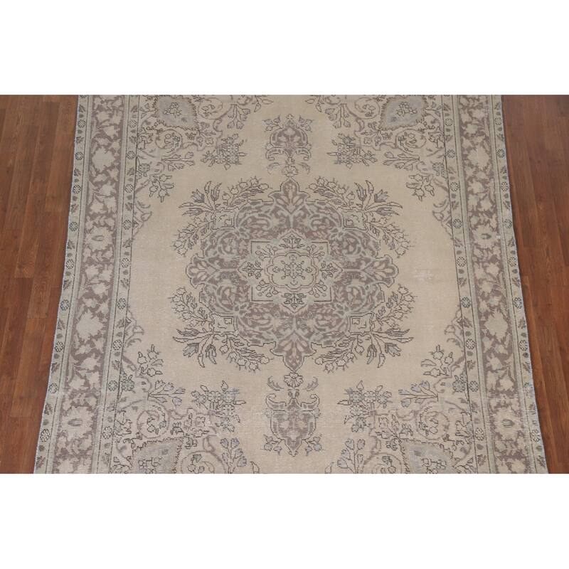 Hand Knotted Oriental 100% Wool Carpet Traditional Floral Beige & Ivories Tabriz Area Rug - 9' 2'' X 6' 9''