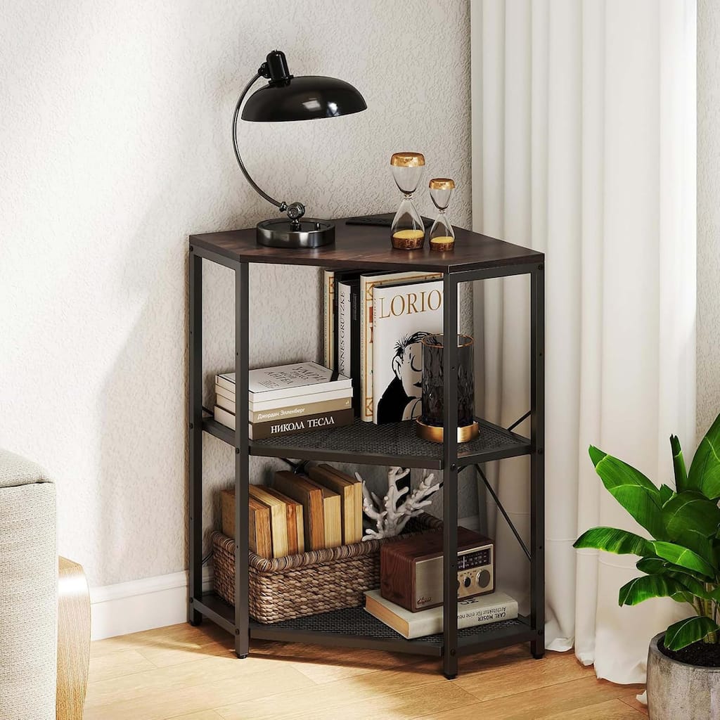 Corner Printer Stand w/Outlet & 3-Tier Rack w/Adjustable Mesh Shelf