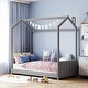 preview thumbnail 1 of 6, Twin Size Kids House Bed with Roof and Slatted Base, Upholstered Wood Frame for Play and Sleep, No Box Spring Needed Gray