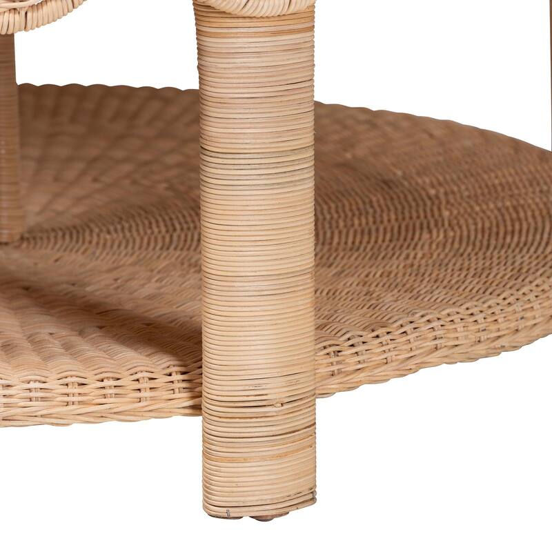 Latoya Natural Rattan Coffee Table - Handwoven Round Wicker Table with Scalloped Apron and Lower Shelf, Coastal Boho Style