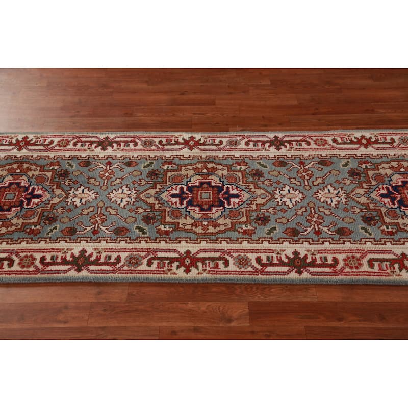 Hand Knotted Oriental 100% Wool Carpet Traditional Geometric Navy Blue & Blues Heriz (serapi) Runner Rug - 8' 2'' X 2' 6''