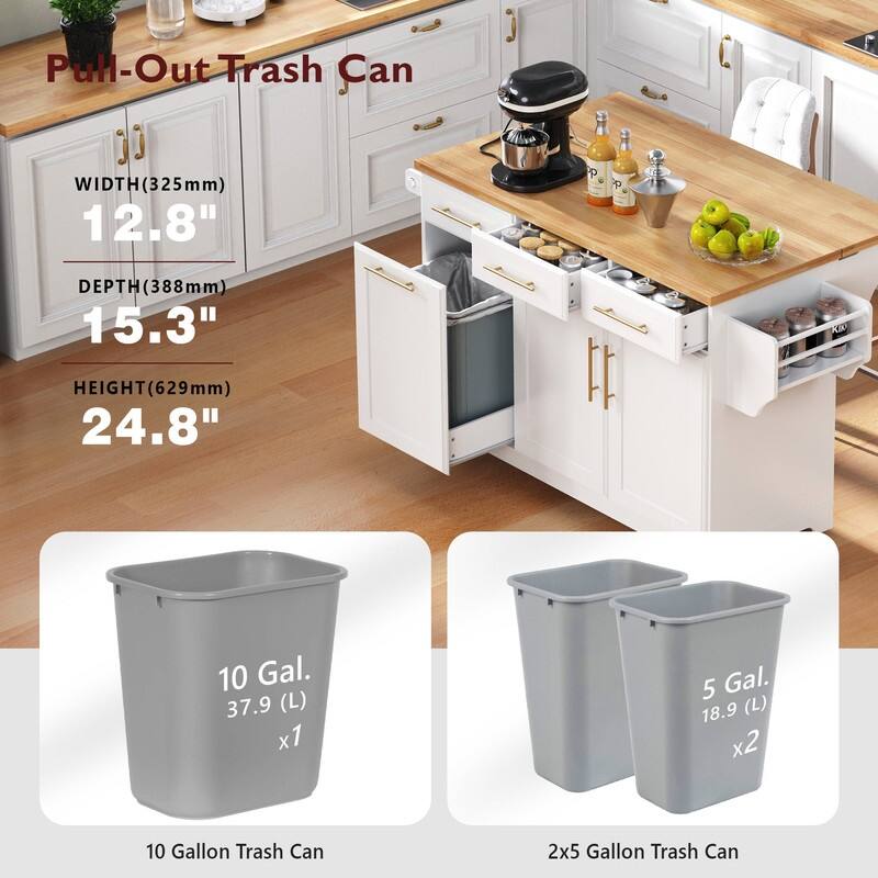 59" Rolling Kitchen Island on Wheels with Trash Can Storage Cabinet, Island Table for Kitchen with Power Outlet, Storage Rack