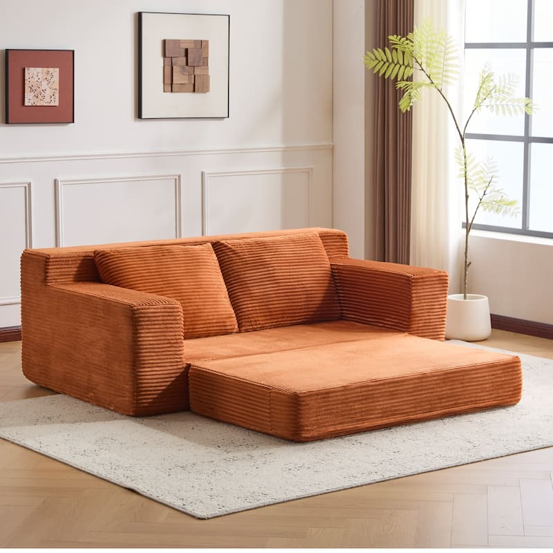 Floor Corduroy Deep Seat Loveseat Sofa with Folding Mattress Convertible Sleeper Sofa Bed with Reversible Cushion and Pillows