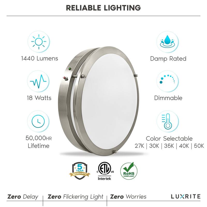 Luxrite 14 Inch LED Emergency Light with Battery Backup, 18W, 5 CCT Colors, 1440 Lumens, Dimmable, 120-277V, Damp Rated