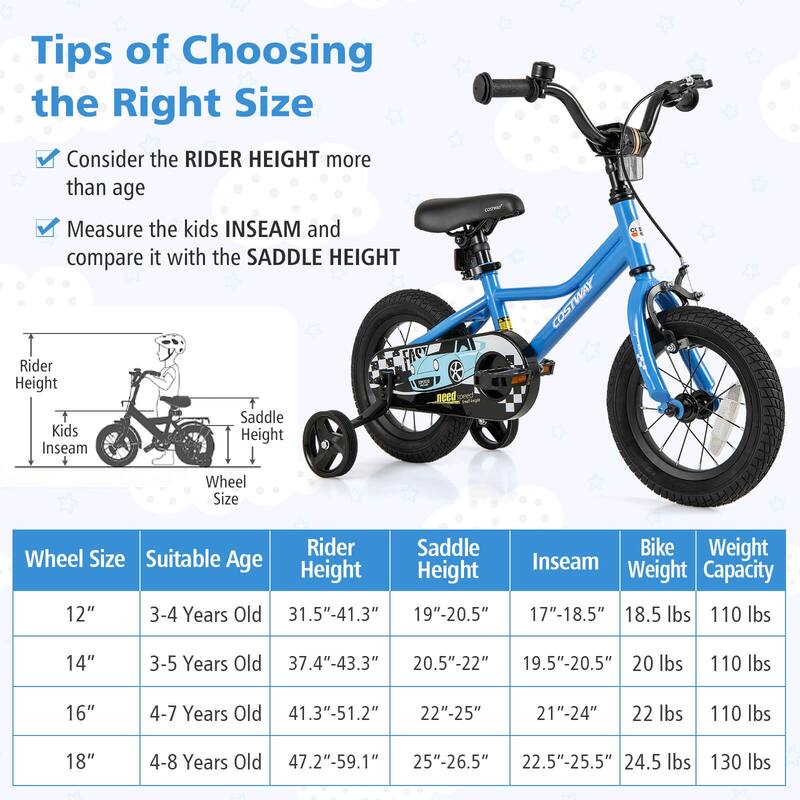 Costway 12"/14"/16"/18" Kids Training Bike with Removable Training