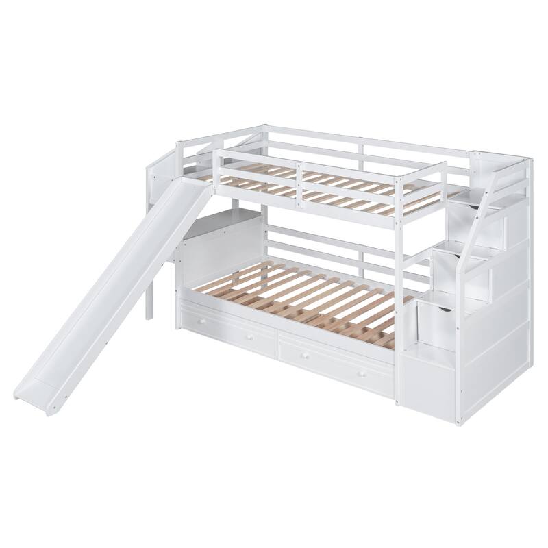 Twin Over Twin Bunk Bed With Storage Staircase, Slide And Drawers, Desk With Drawers And Shelves