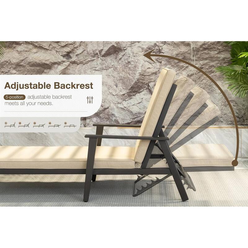 PURPLE LEAF Adjustable Chaise Lounge - Thick Cushioned Outdoor Recliner with Side Table, for Patio, Beach & Backyard (Khaki)