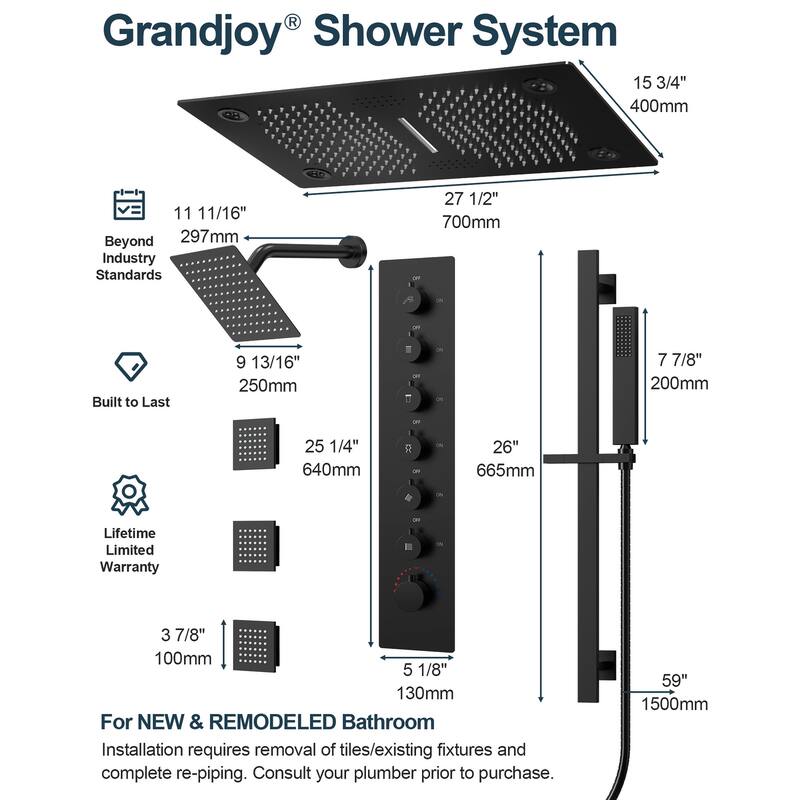 GRANDJOY LED Music Shower System 28"&6" Dual Shower Heads with 3 Body Jets