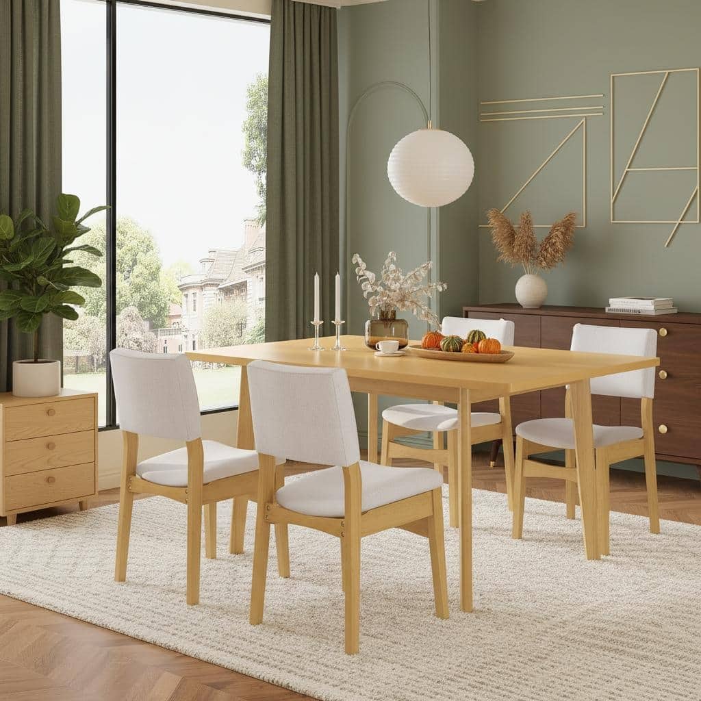 5-Piece Modern Wood Dining Set with Linen Upholstered Chairs by Harper&Bright Designs