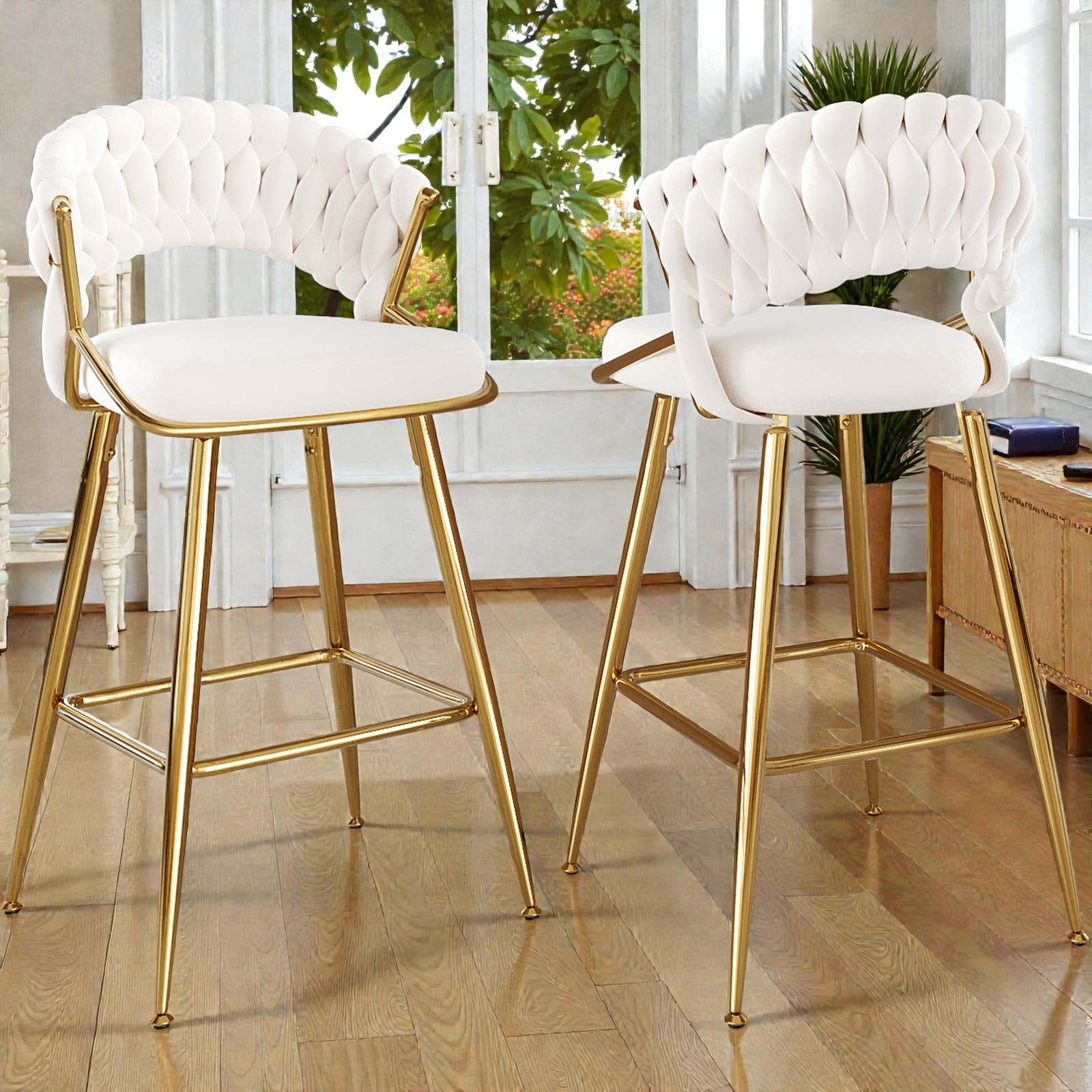 25.2" Velvet Counter Stools Set of 2 with Back and Footrest, Upholstered Metal Bar Chairs for Kitchen Island and Bar