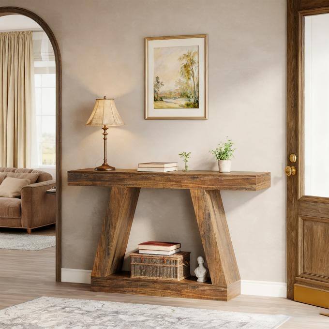 55-Inch Wooden Console Table with Storage, Farmhouse Sofa Table Entryway Table for Hallway, Living Room