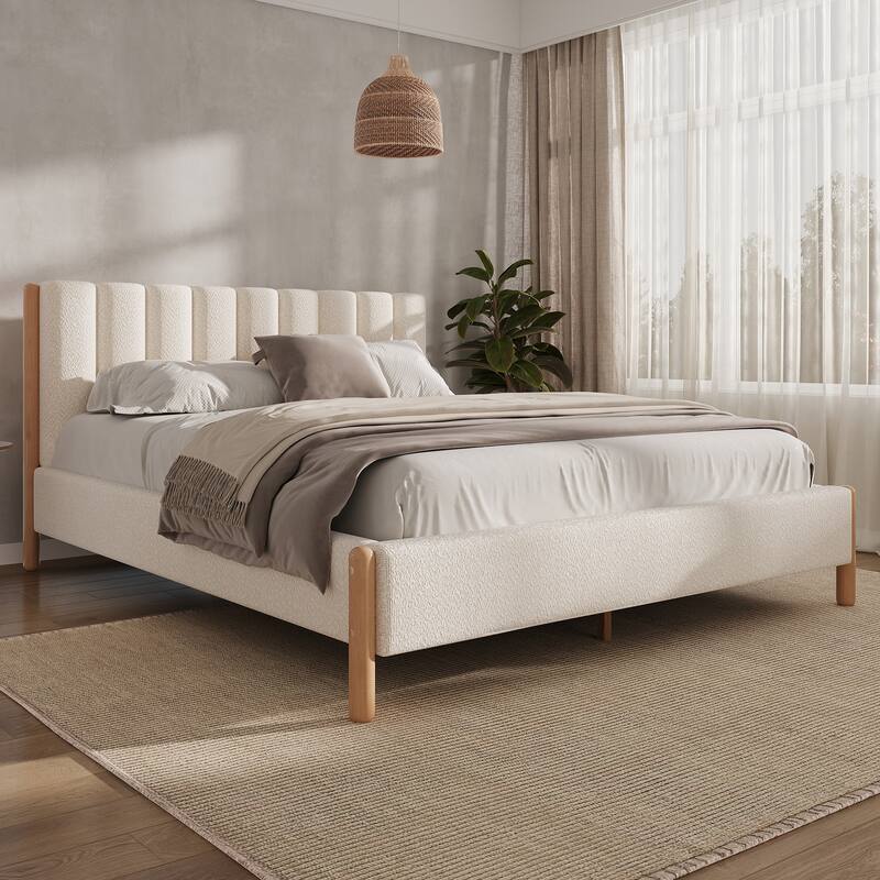 Boucle Upholstered Frame Bed, Vertical Stripes Thick Headboard Wingback Bed with Wood Slat Solid Wood Legs Support Platform Bed - White - Queen