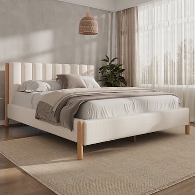 Versatile Upholstered Platform Bed with Solid Wood Legs, Queen/King Size Boucle Fabric Bed Frame with Vertical Stripes Headboard