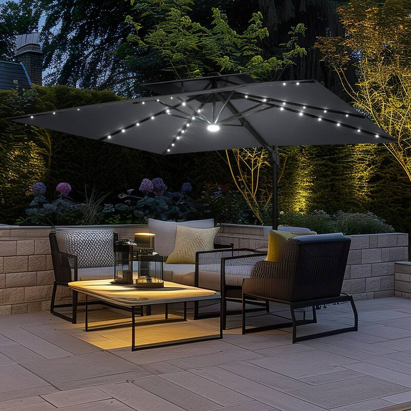 9 FT x 11 FT Outdoor Double Top LED Lighted Patio Cantilever Umbrella