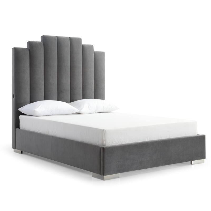 Velvet Upholstered Bed with USB Ports Grey Fabric Platform Bed Frame with Chrome Legs Double Bed