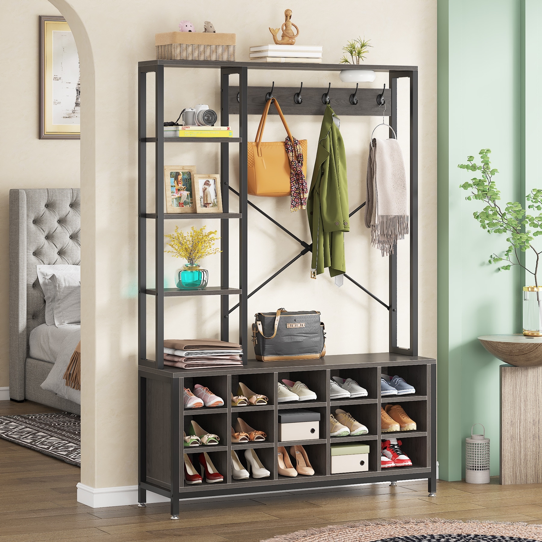 Entryway Coat Rack Shoe Bench Set, Hall Tree with 18 Shoe Cubbies - On Sale  - Bed Bath & Beyond - 36484396