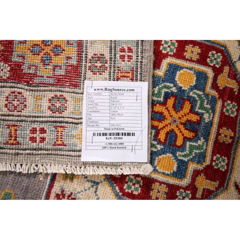 Grey Kazak Oriental Area Rug Hand-Knotted Wool Carpet - 5'0" x 6'10"