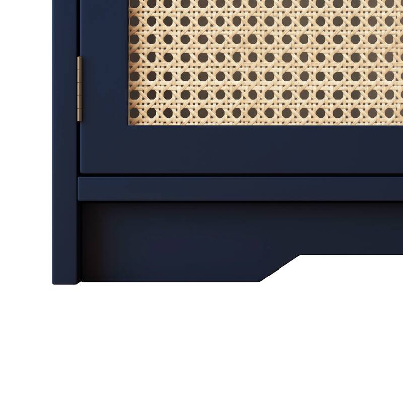 Upholstered Storage Bench with Cabinet Rattan Style Wood Cabinet