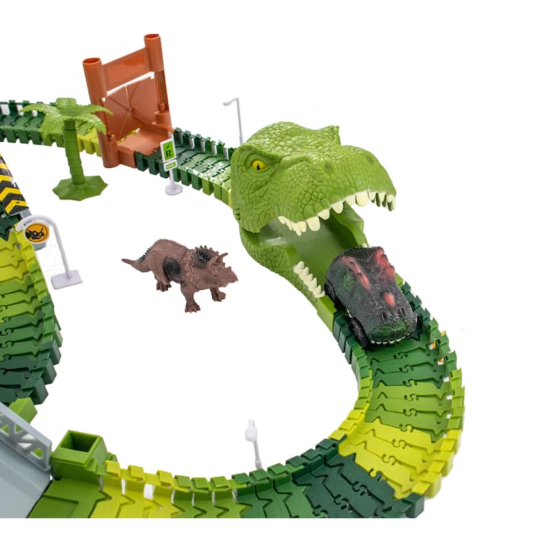 Magical Dino Twisting Race Track -Tunnel, Drawbridge & Bridge Flexible Bending Race Tracks w/ 2 Race Track Slot Car Toy - 196 pc