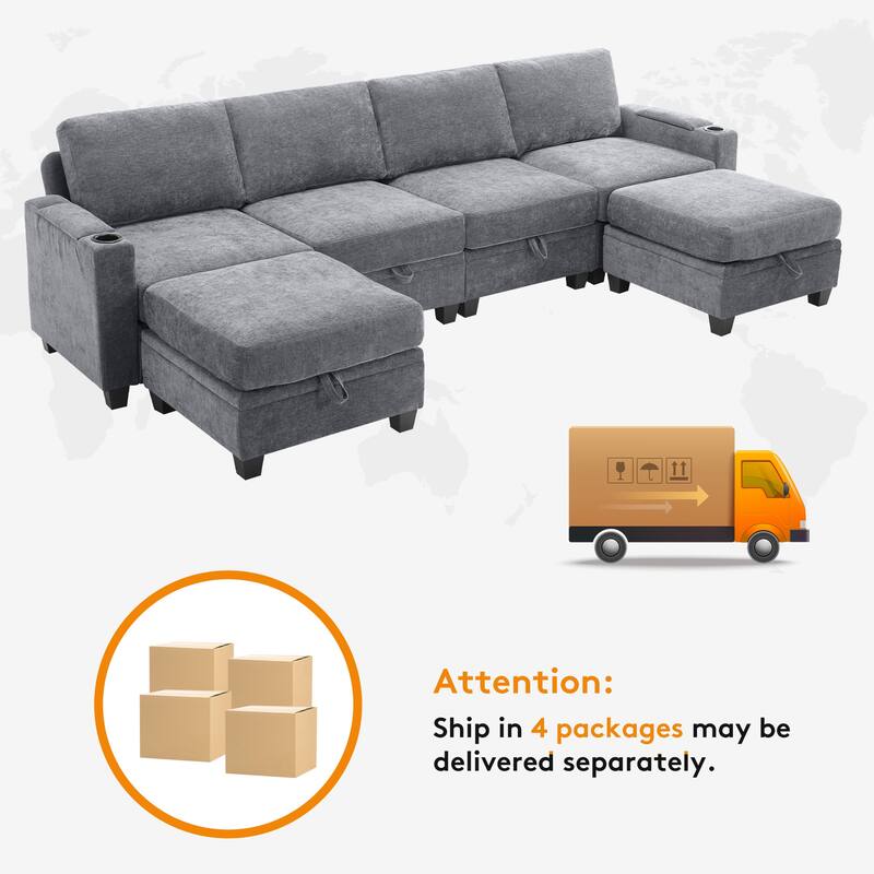 Chenille Sectional Sofa, Hidden Storage & Modular Design